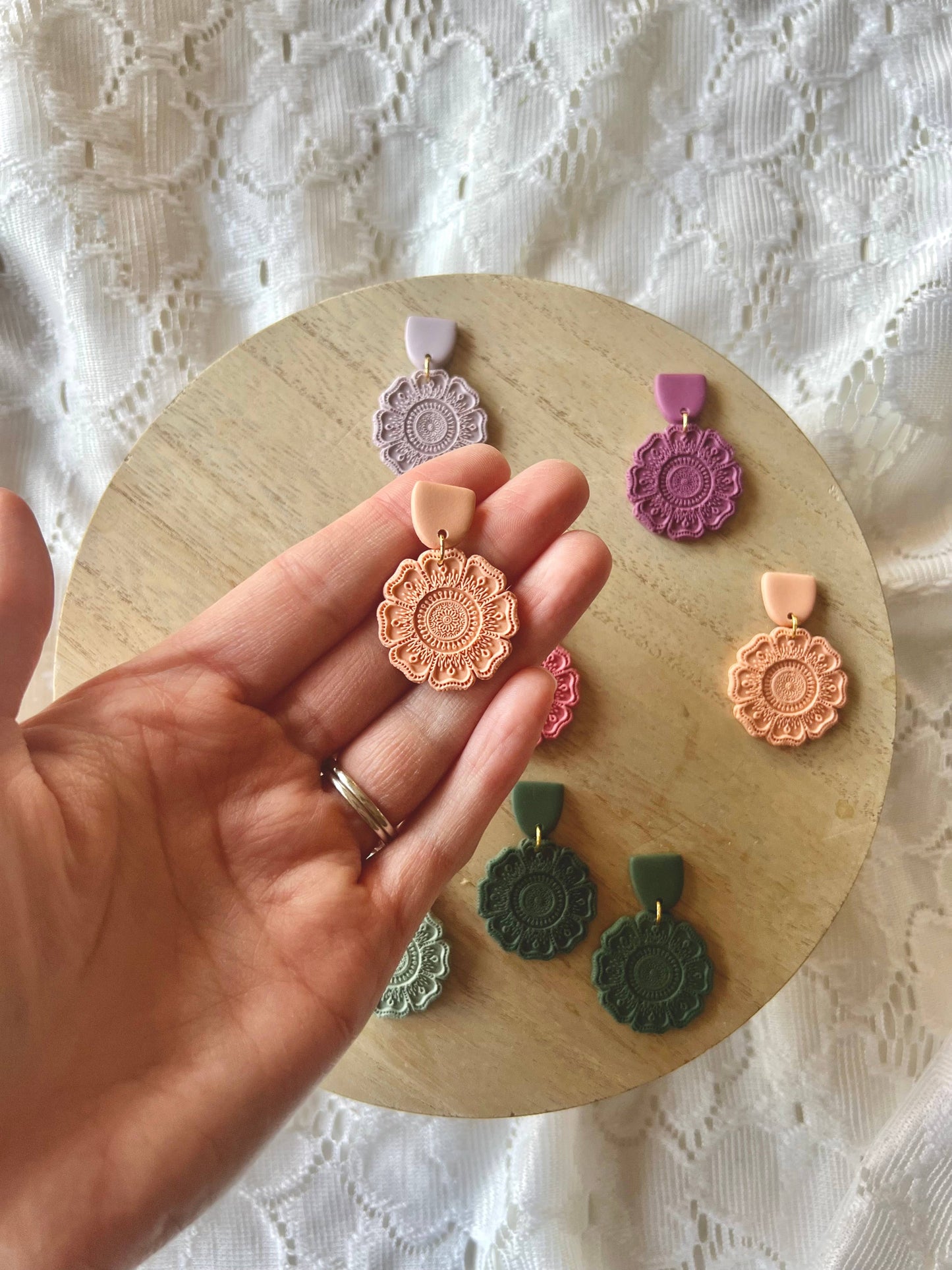 Spring Mandala Flowers, Flower Clay Earrings