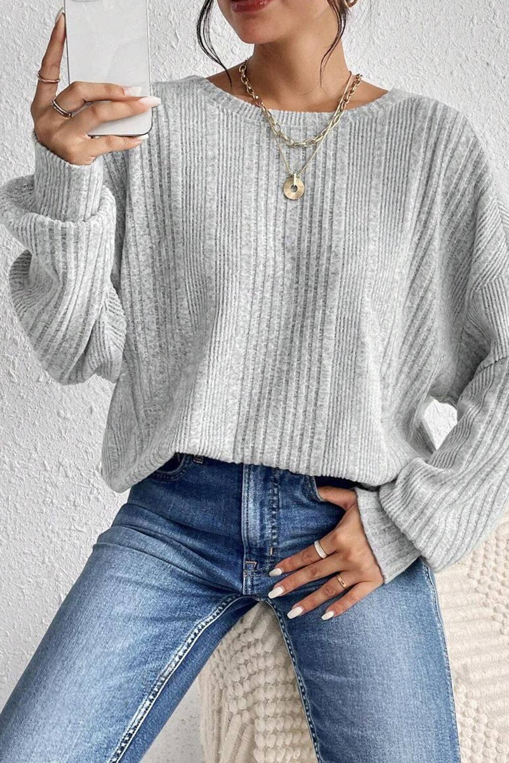 Textured Backless Long Sleeve Top- Light Grey
