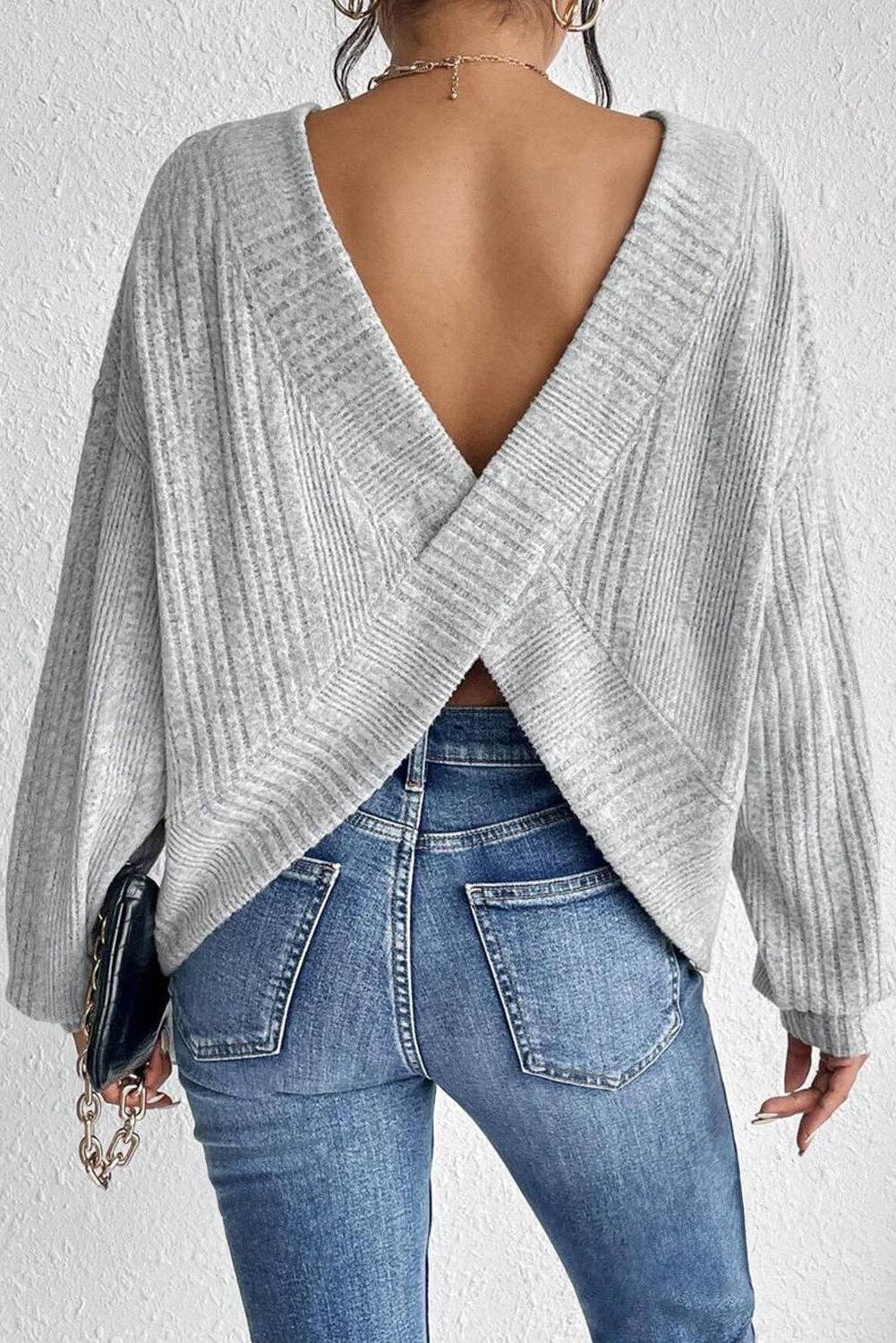 Textured Backless Long Sleeve Top- Light Grey