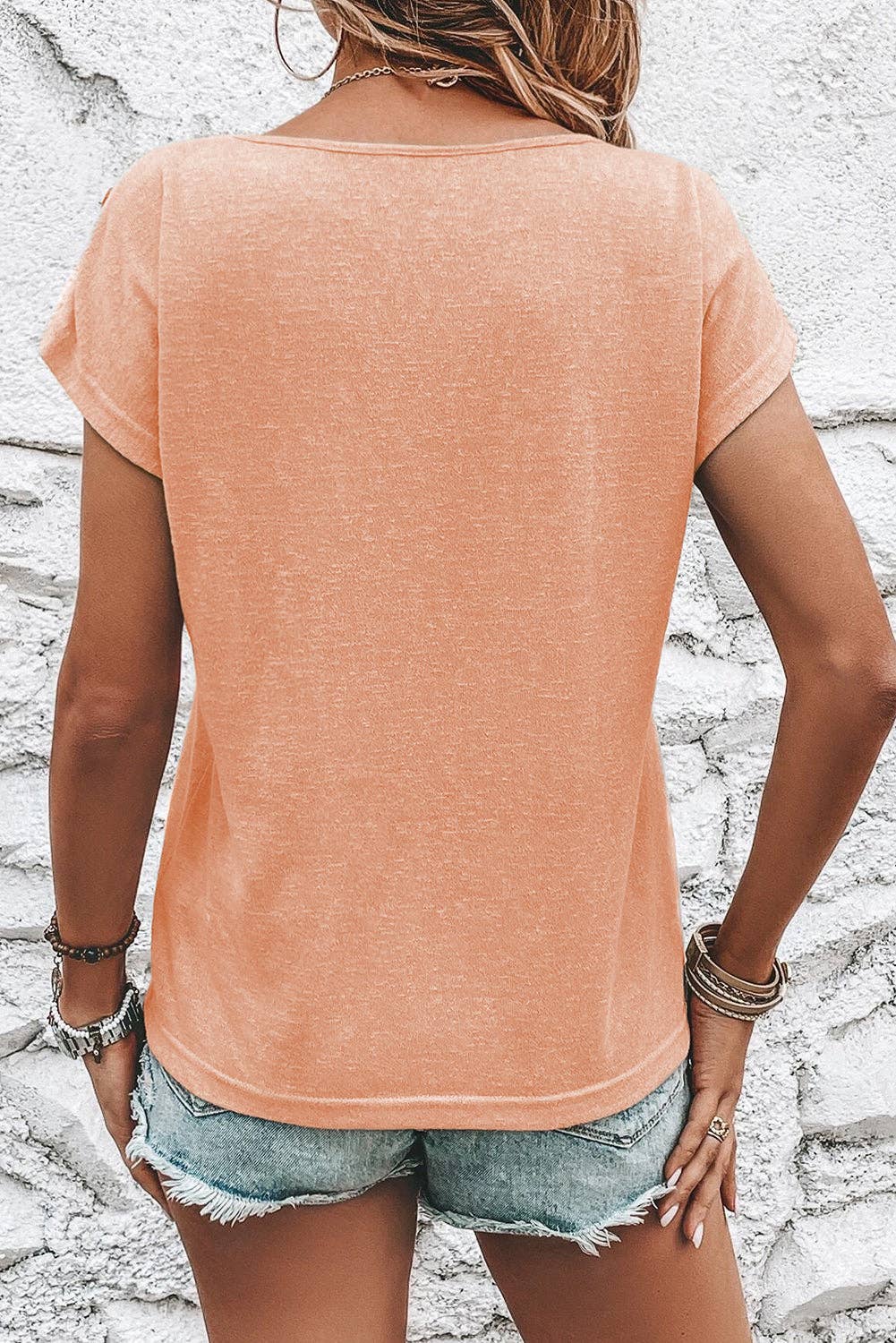 21 Batwing Sleeve Buttoned Shoulder Tee- Apricot Pink