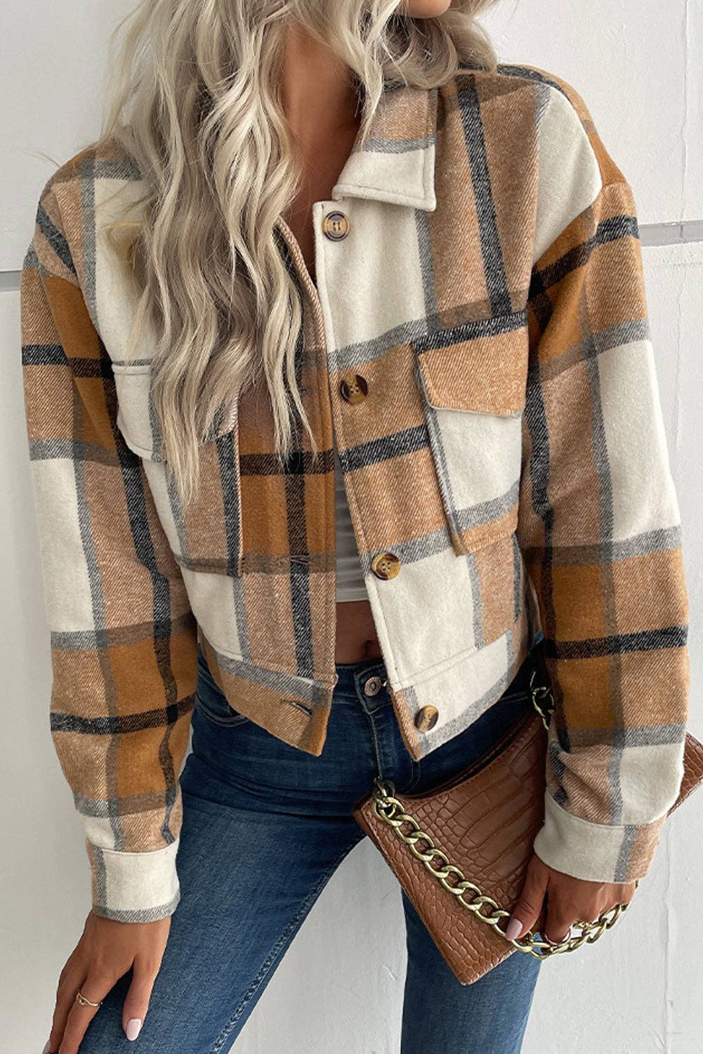 Buttoned Plaid Jacket With Pocket- Khaki
