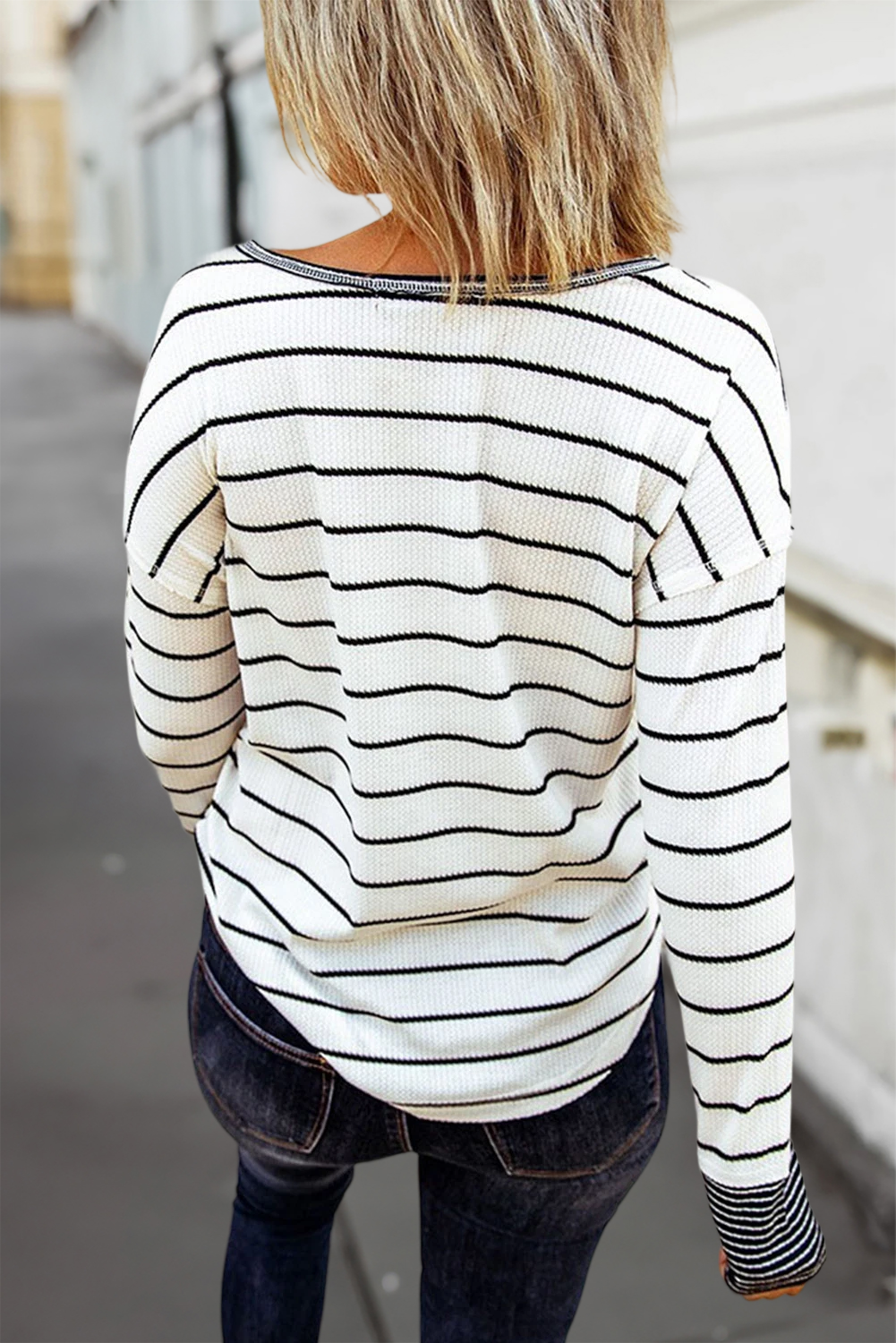 Striped Buttoned Waffle Knit Long Sleeve Top