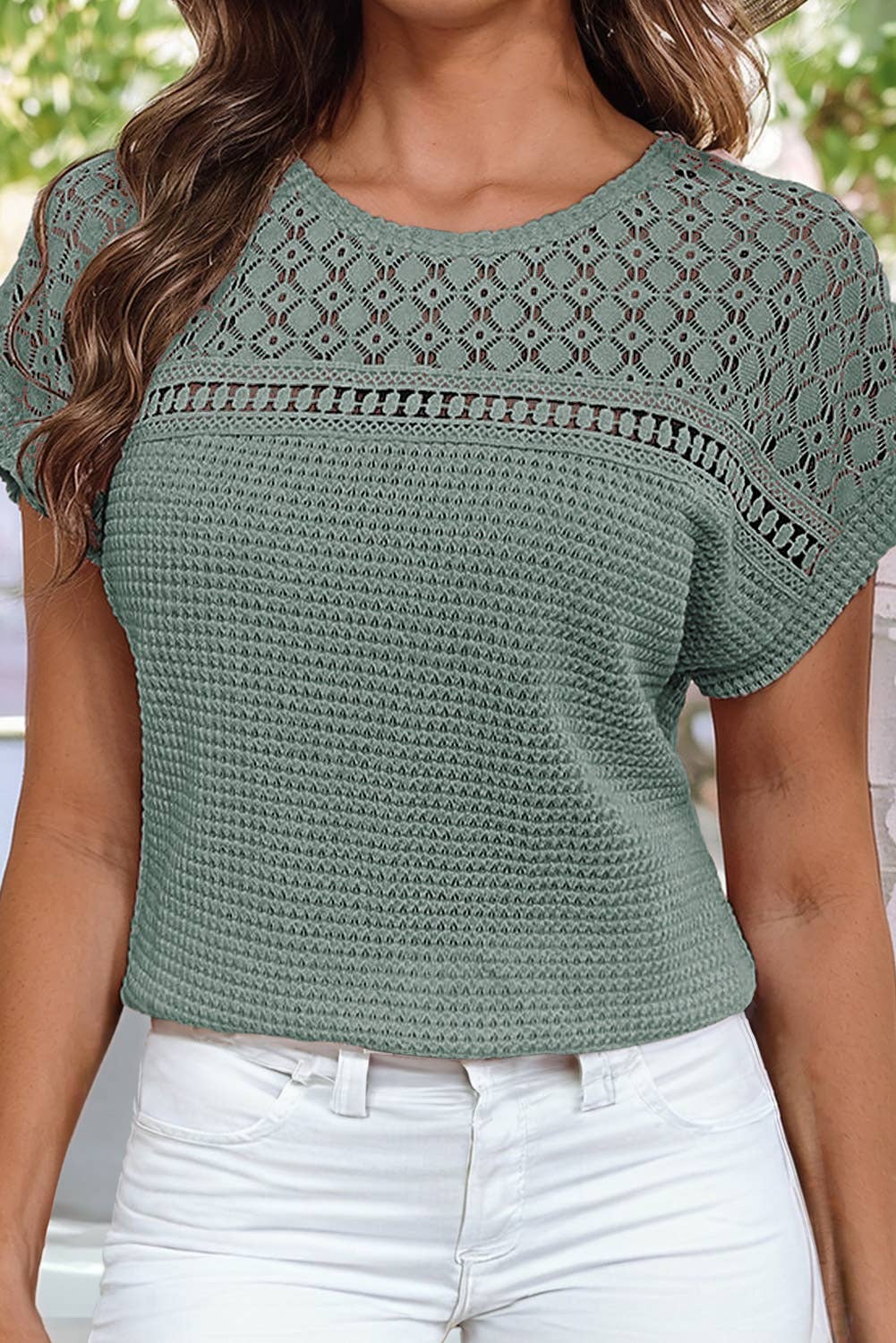 13 Lace Patchwork Waffle Short Sleeve Top- Mist Green