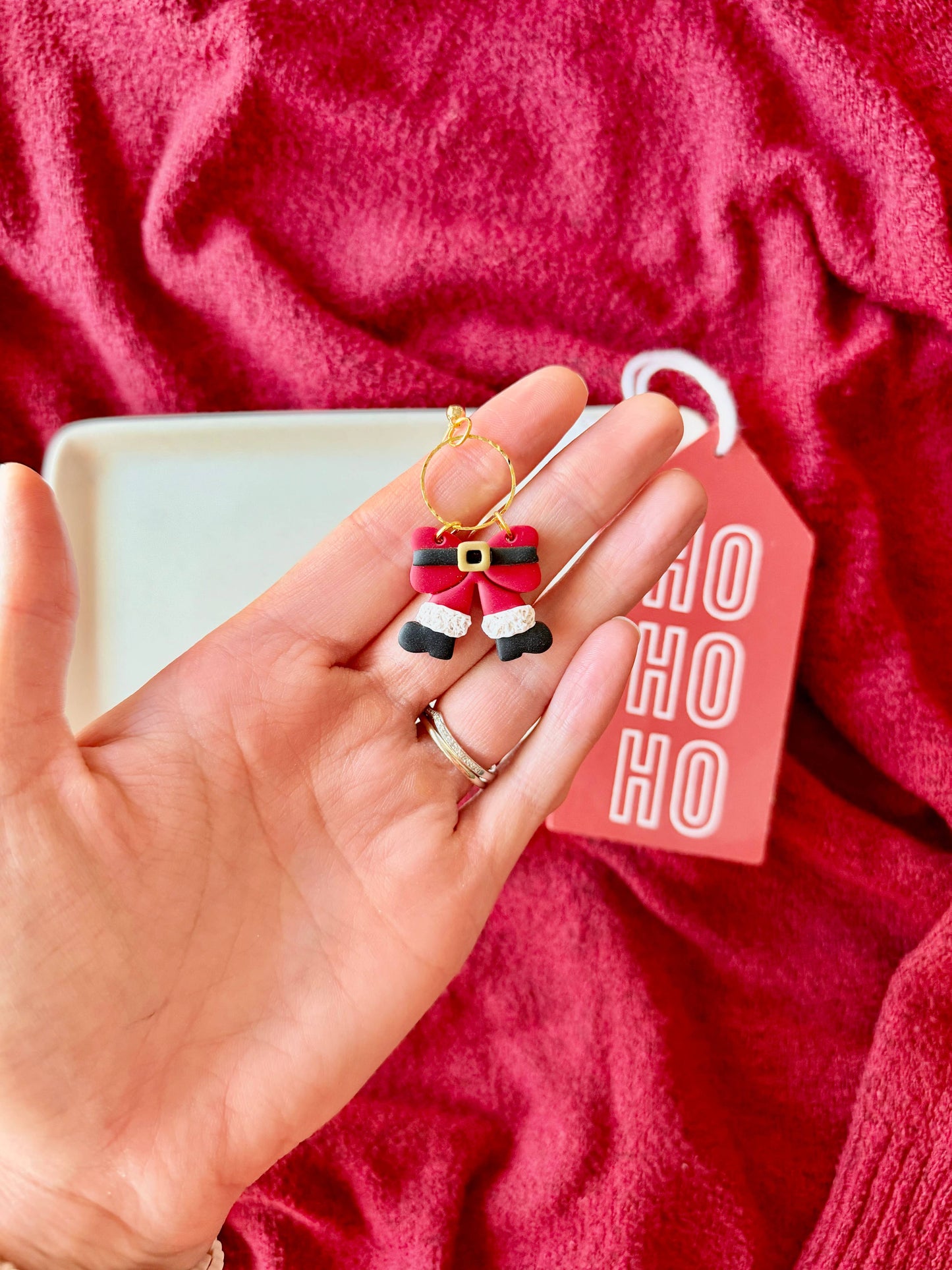 Santa Bow Earrings, Santa Clay Earrings, Santa Claus Earring