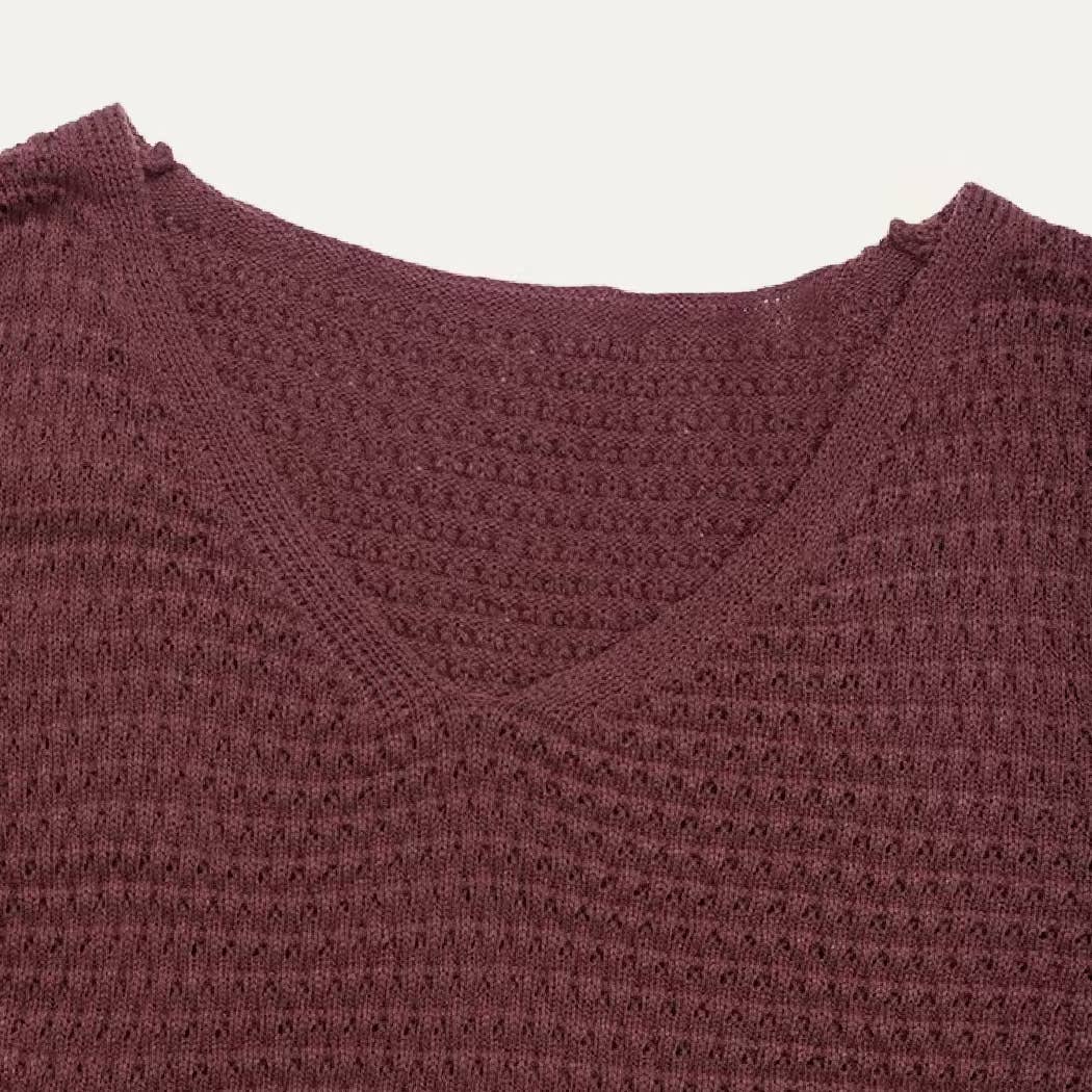 Winter Burgundy V Neck Long Sleeve Loost Knit Dress- Burgundy