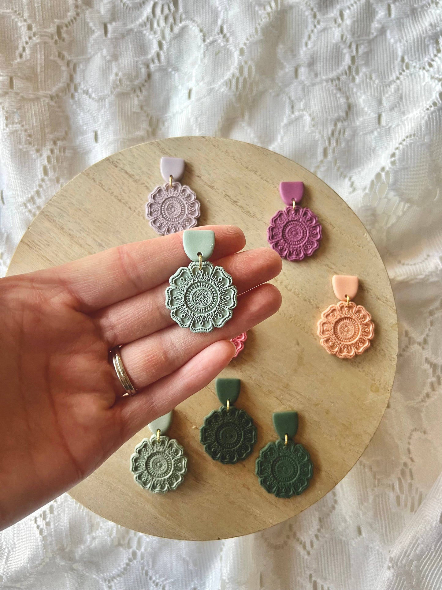 Spring Mandala Flowers, Flower Clay Earrings