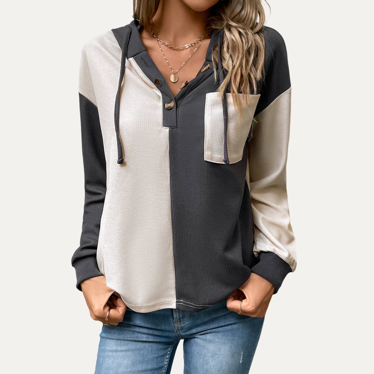Fashionable Color Block Long Sleeve Hooded Sweatshirt- Apricot Multi