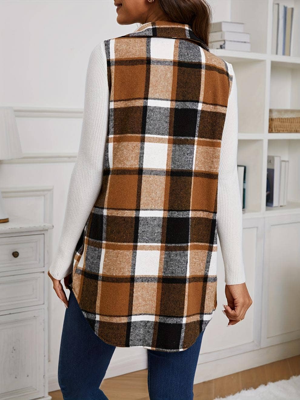 Vintage Casual Checked Sleeveless Midi Vest