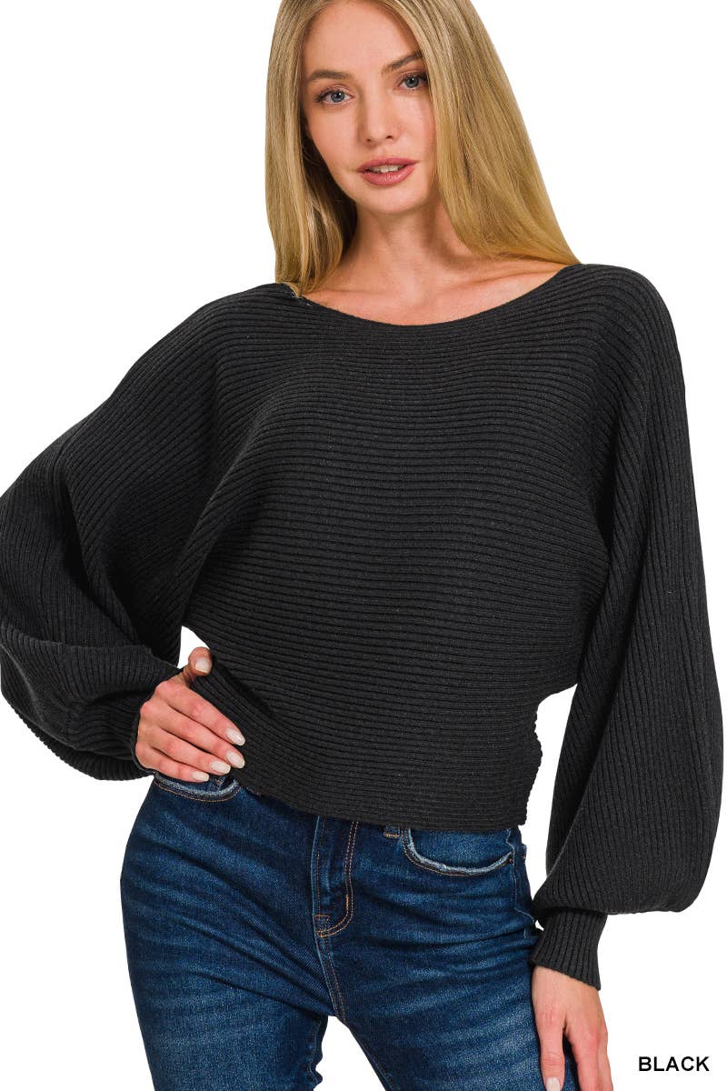 Boat Neck Balloon Sleeve Sweater- Black