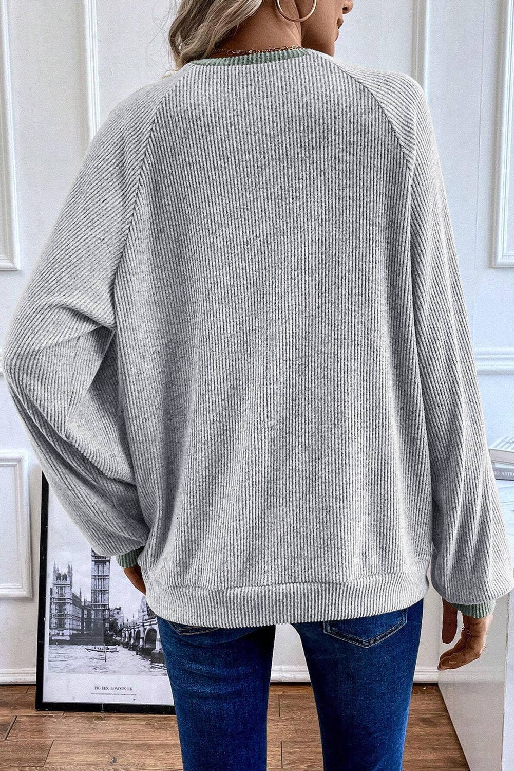 Color Block Ribbed Long Sleeve Top- Light Grey
