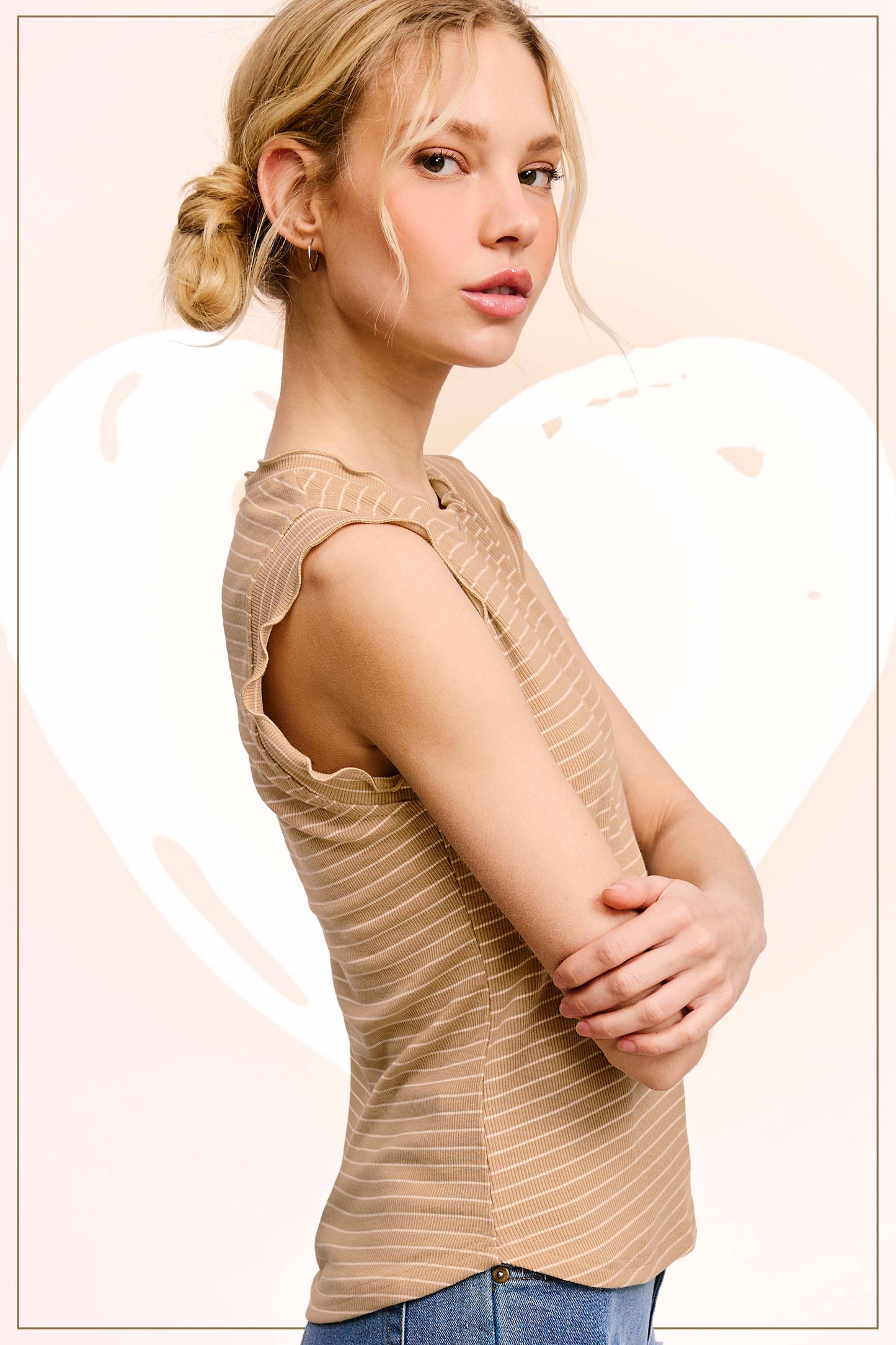 Stretchy Brushed Ruffle Sleeve Stripe Tank Top