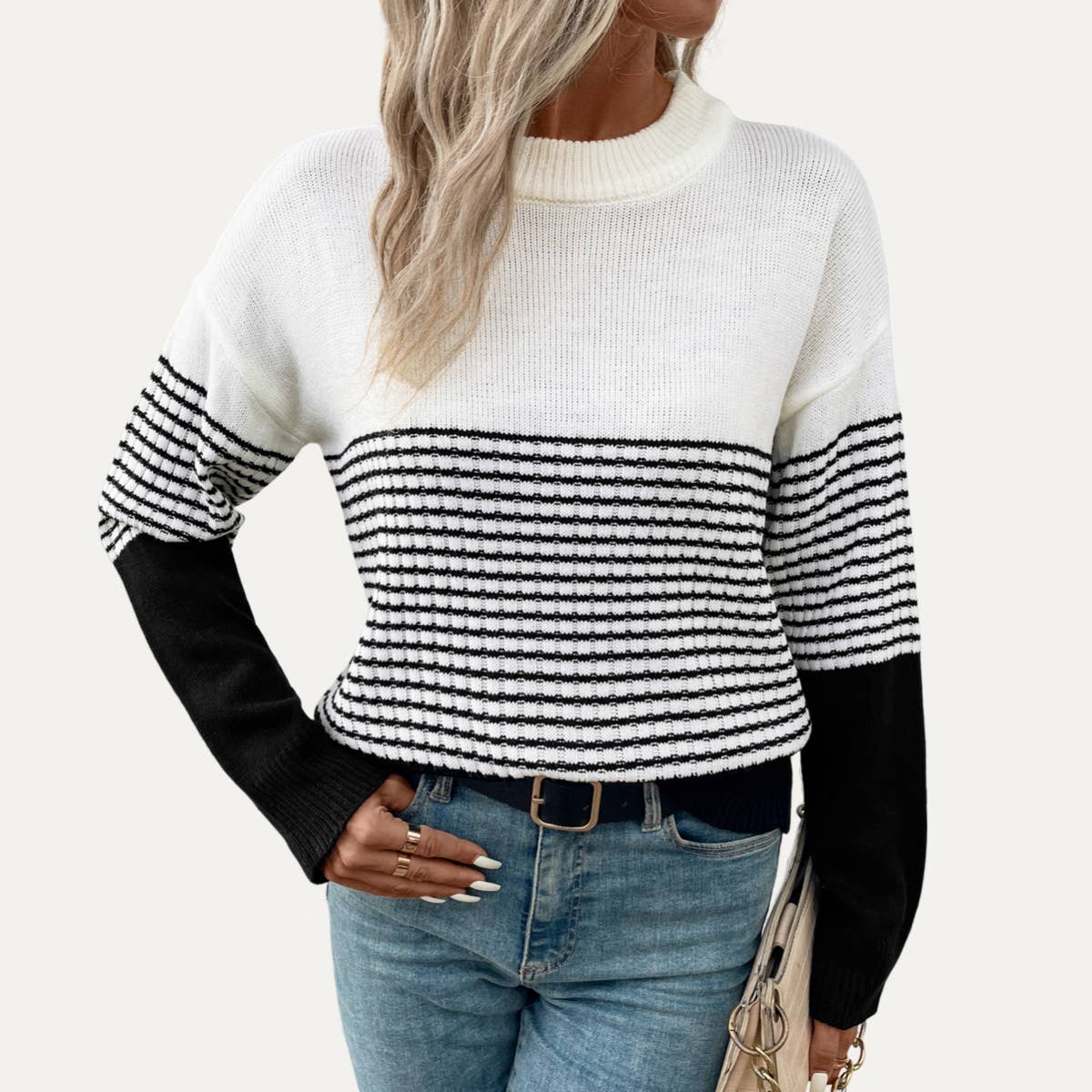 Casual and Basic Black Striped Round Neck Knit Top- Black Multi