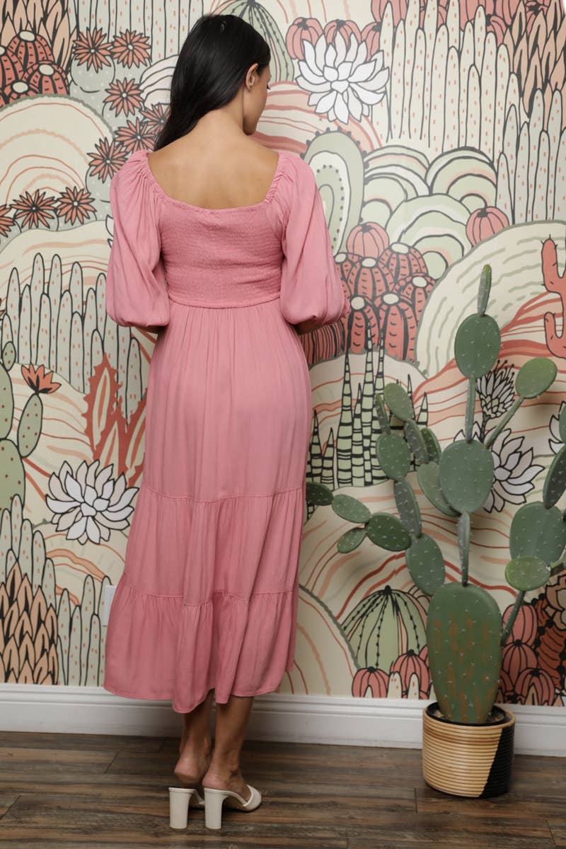 Smocked Bodice Half Puff Sleeve Midi Dress- Rose