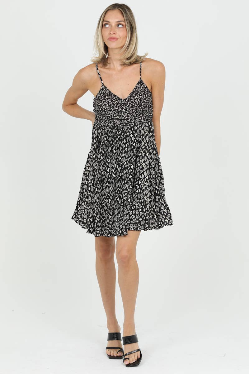 Cactus Print Smocked Sundress- Black