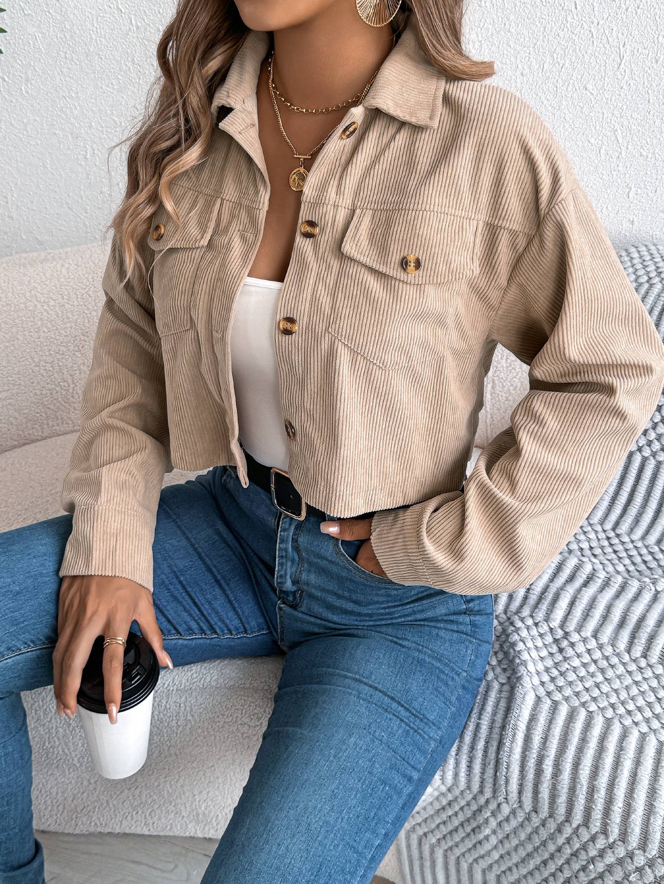 Casual Pocket Corduroy Cropped Jacket