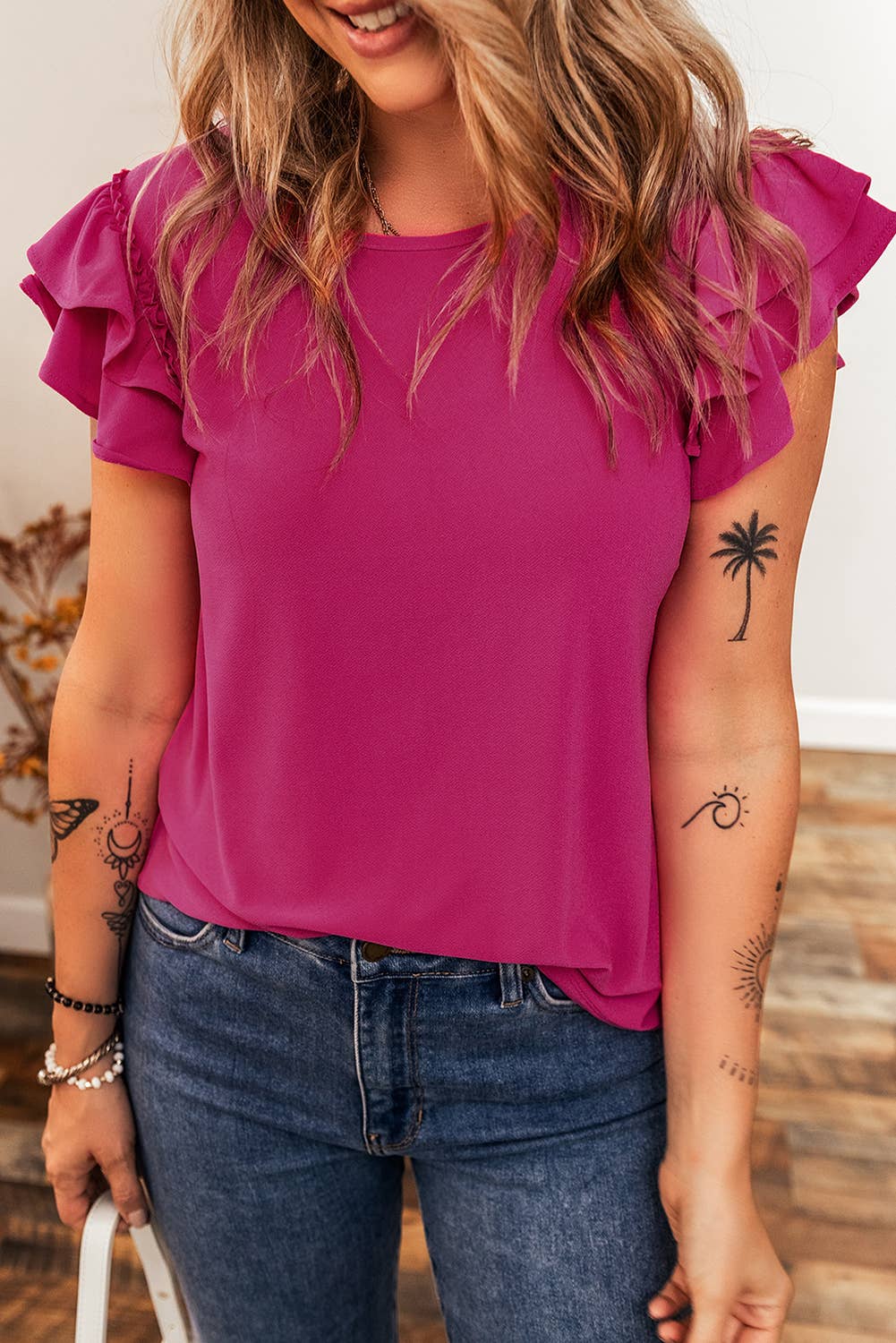 14 Short Ruffle Sleeve Round Neck Blouse- Red Rose