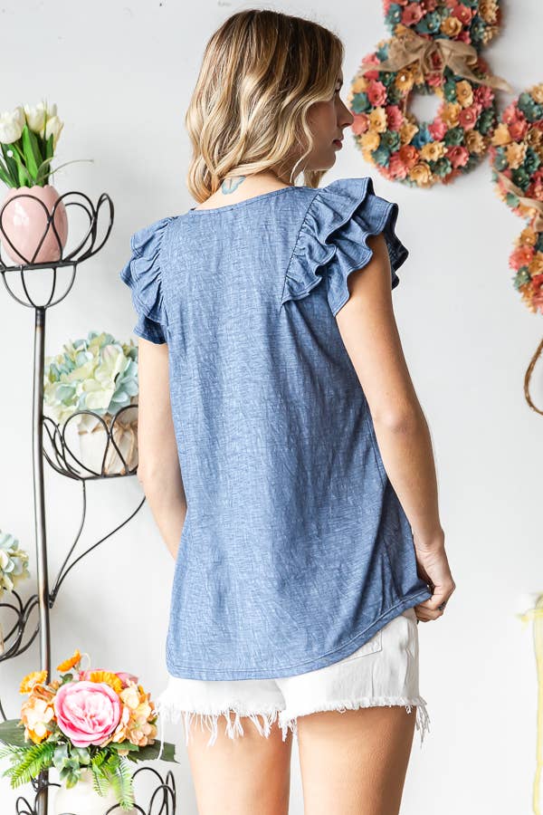 22 Ruffle Sleeve Top- Denim Blue