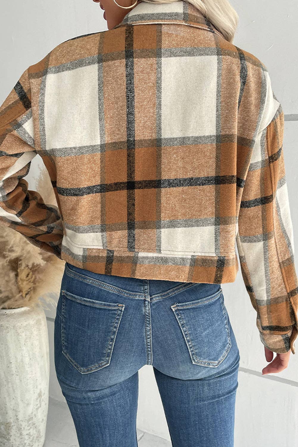 Buttoned Plaid Jacket With Pocket- Khaki
