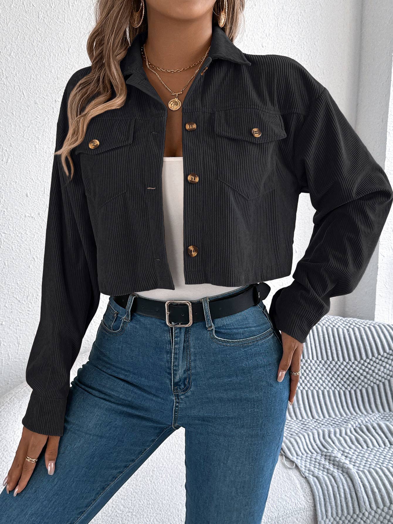 Casual Pocket Corduroy Cropped Jacket