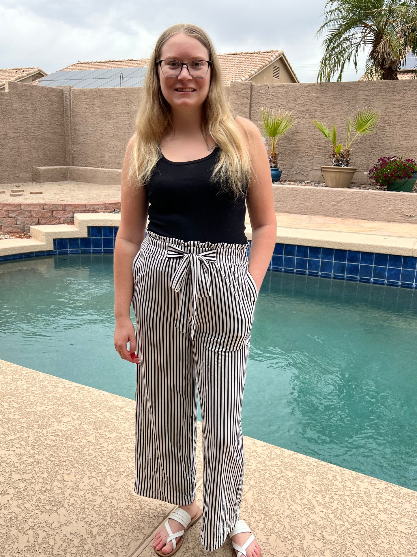 Striped Tie Knot Wide Leg Pants- Black