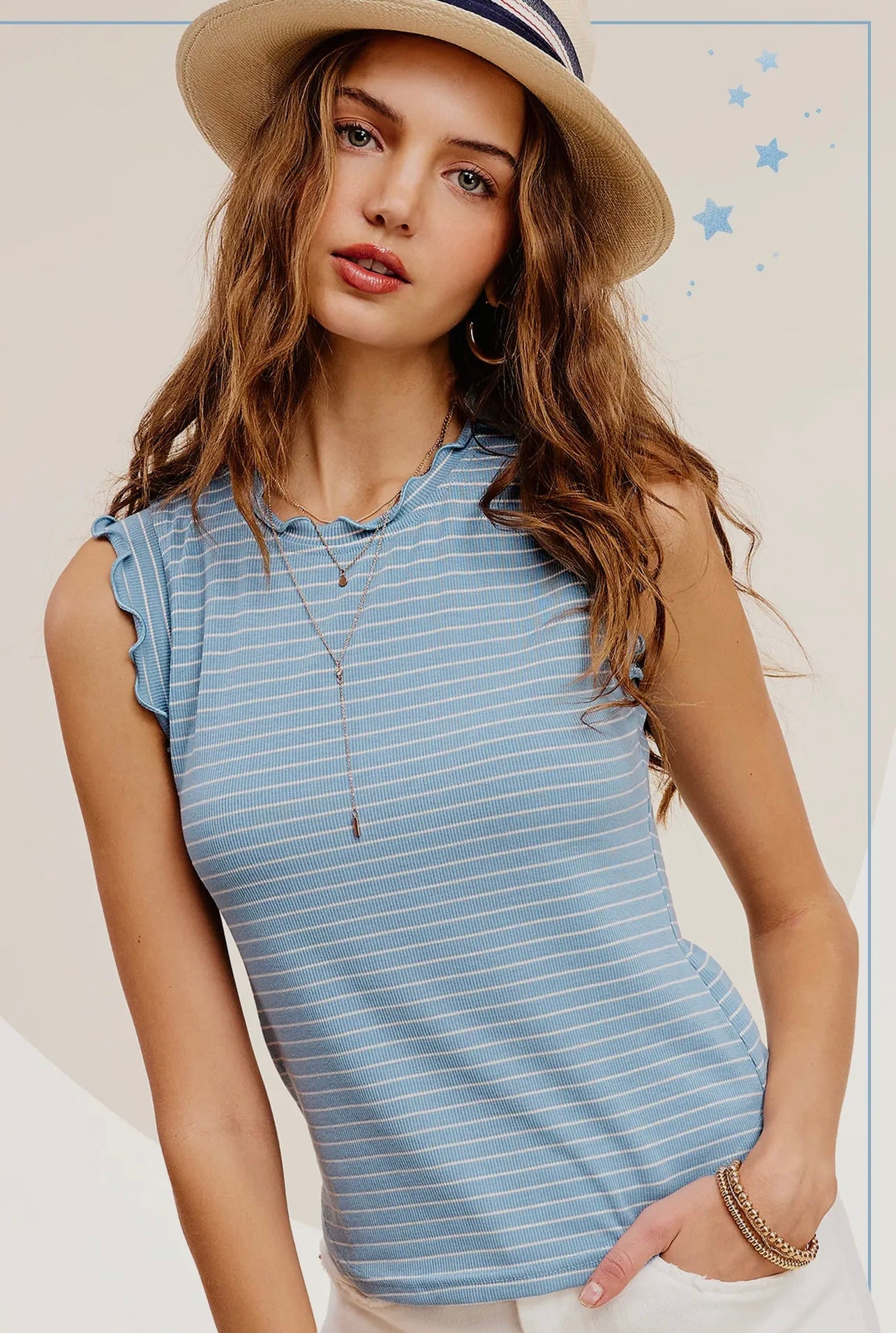 Stretchy Brushed Ruffle Sleeve Stripe Tank Top