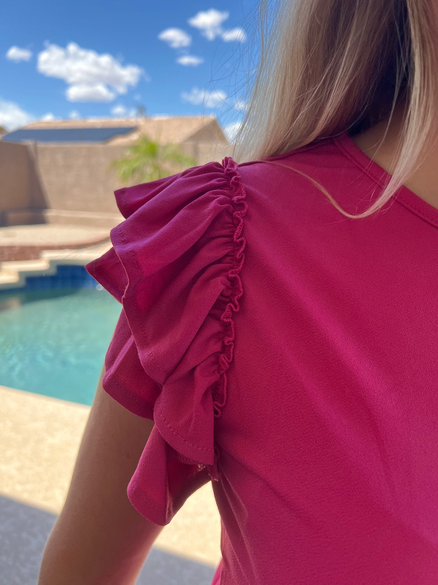 14 Short Ruffle Sleeve Round Neck Blouse- Red Rose