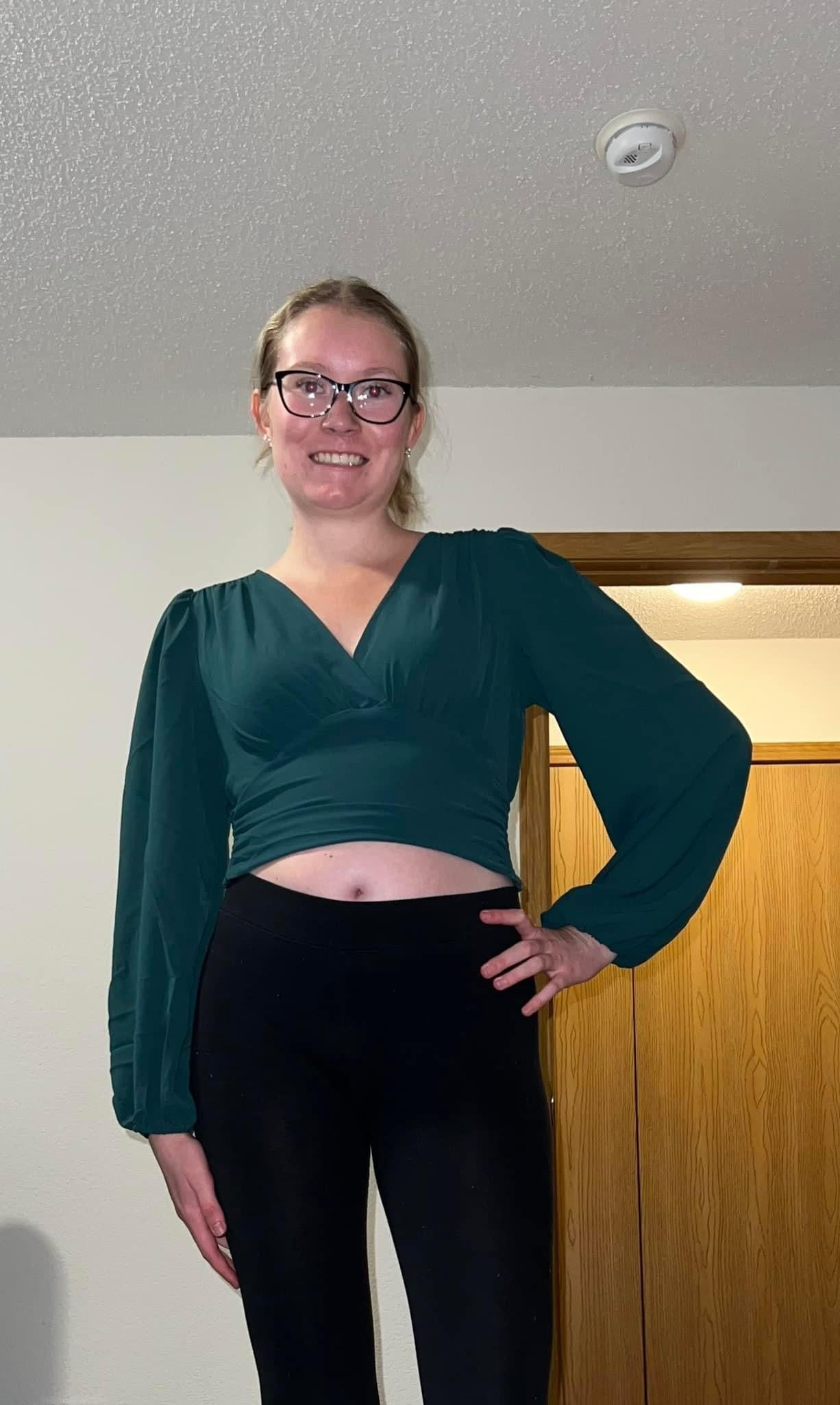 Wrap Long Sleeve Ruched Crop Top- Hunter green