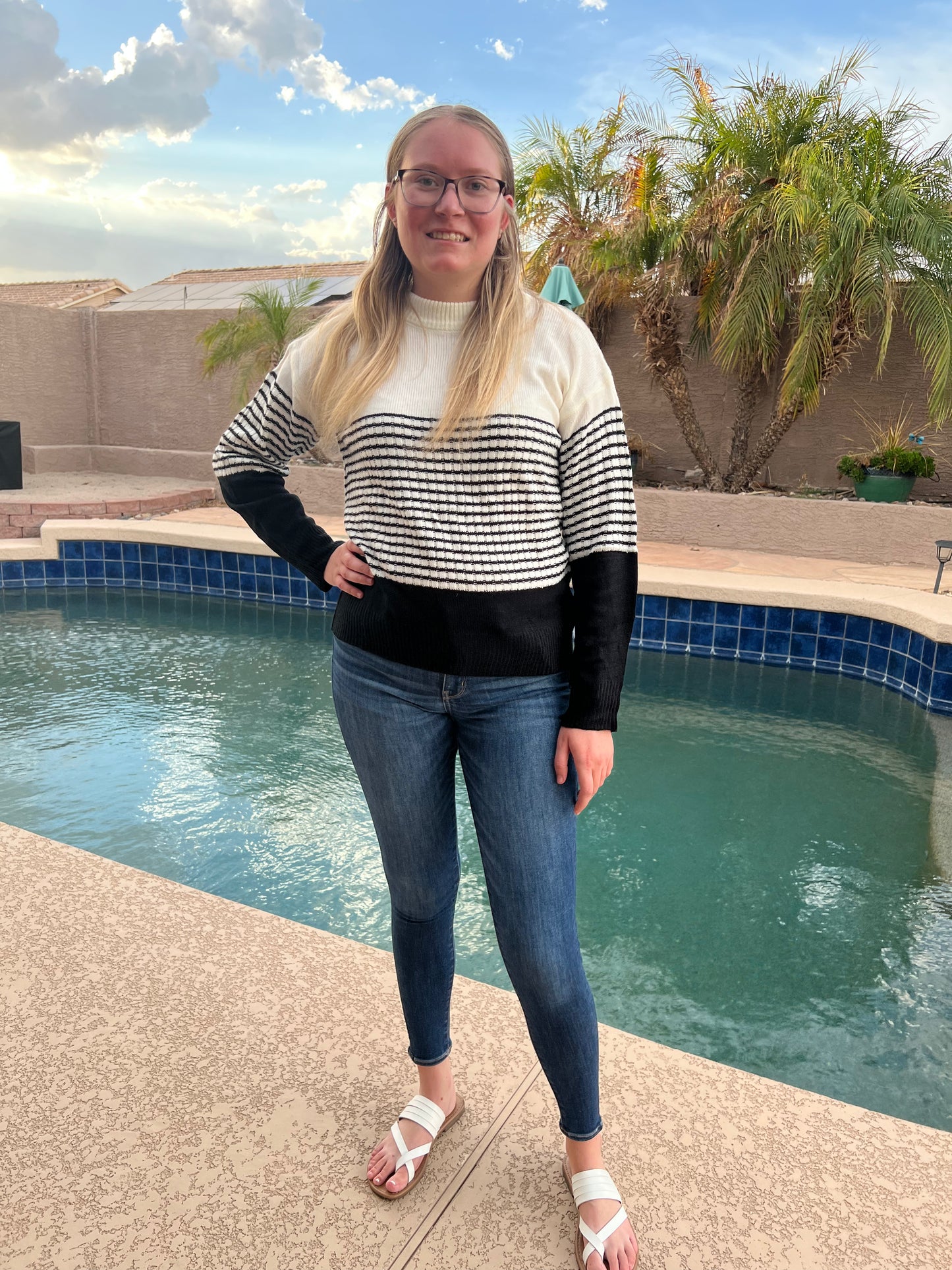 Casual and Basic Black Striped Round Neck Knit Top- Black Multi