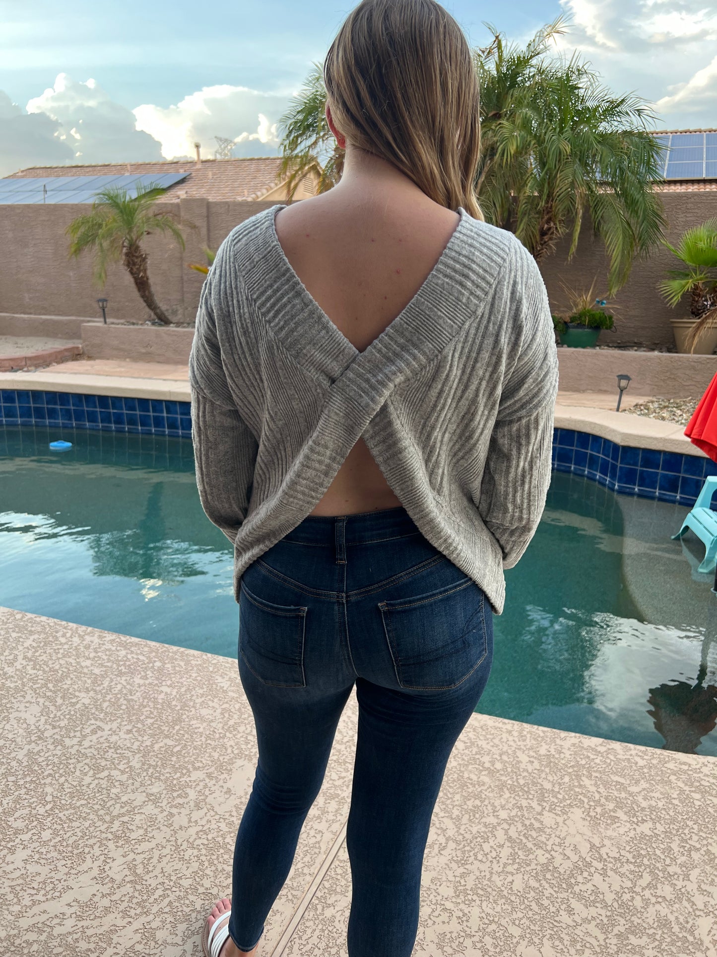 Textured Backless Long Sleeve Top- Light Grey