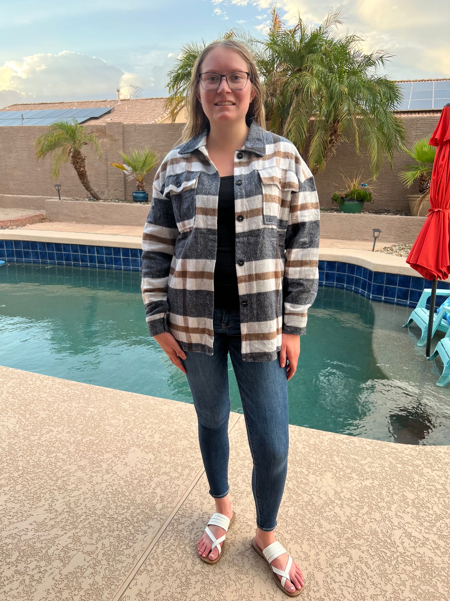 Classic Multi Plaid Collared Button Down Shacket- Navy Multi
