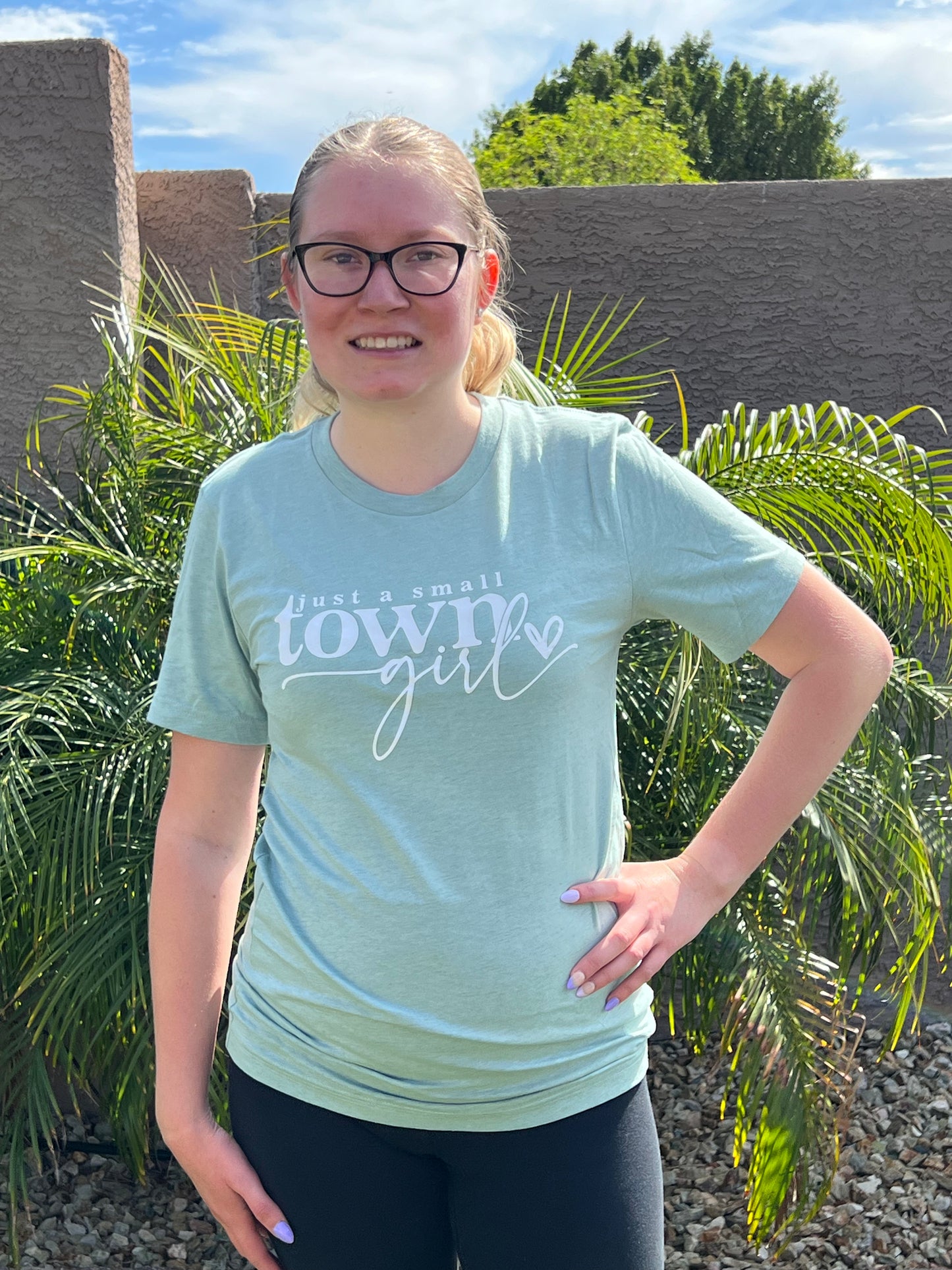 Just a Small Town Girl Tee- Heather Prism Dusty Blue