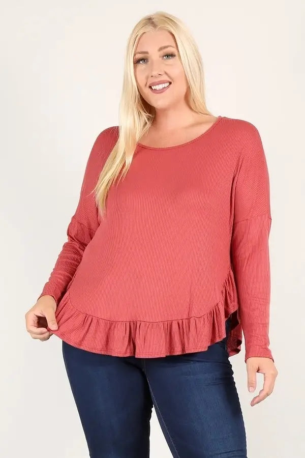 47 Black Ruffled Hem Ribbed Top