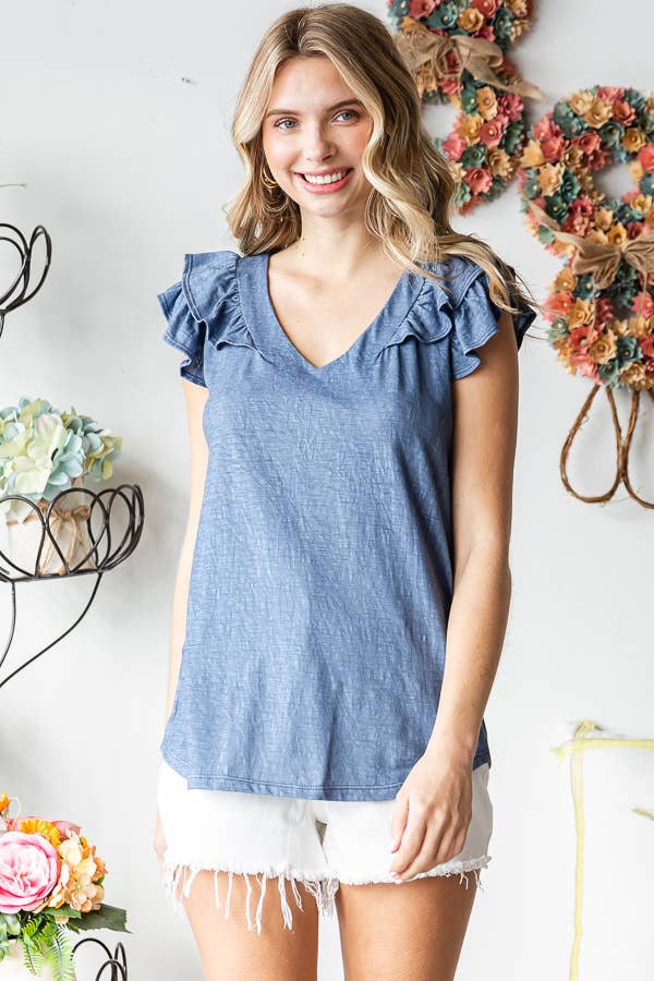 22 Ruffle Sleeve Top- Denim Blue