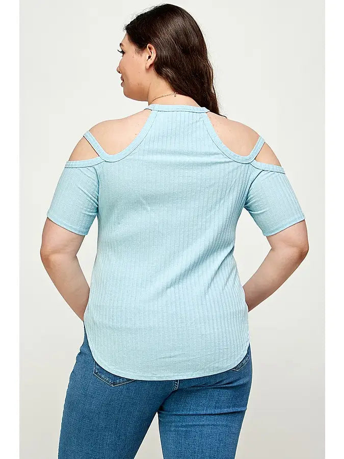 51 Cut Out Ribbed Cold Shoulder Top