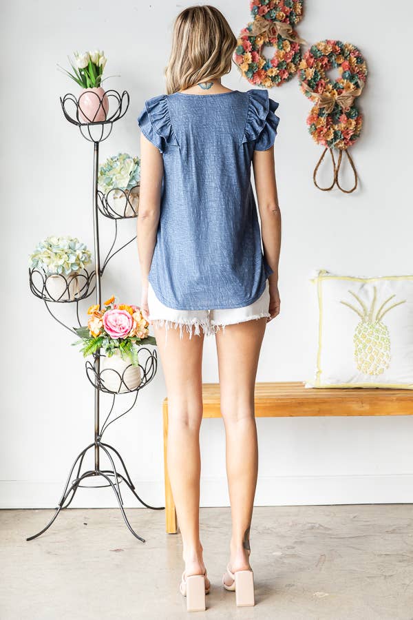 22 Ruffle Sleeve Top- Denim Blue