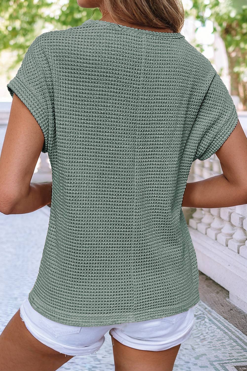 13 Lace Patchwork Waffle Short Sleeve Top- Mist Green