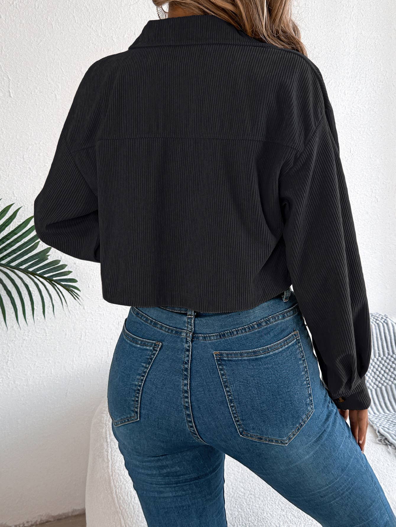 Casual Pocket Corduroy Cropped Jacket