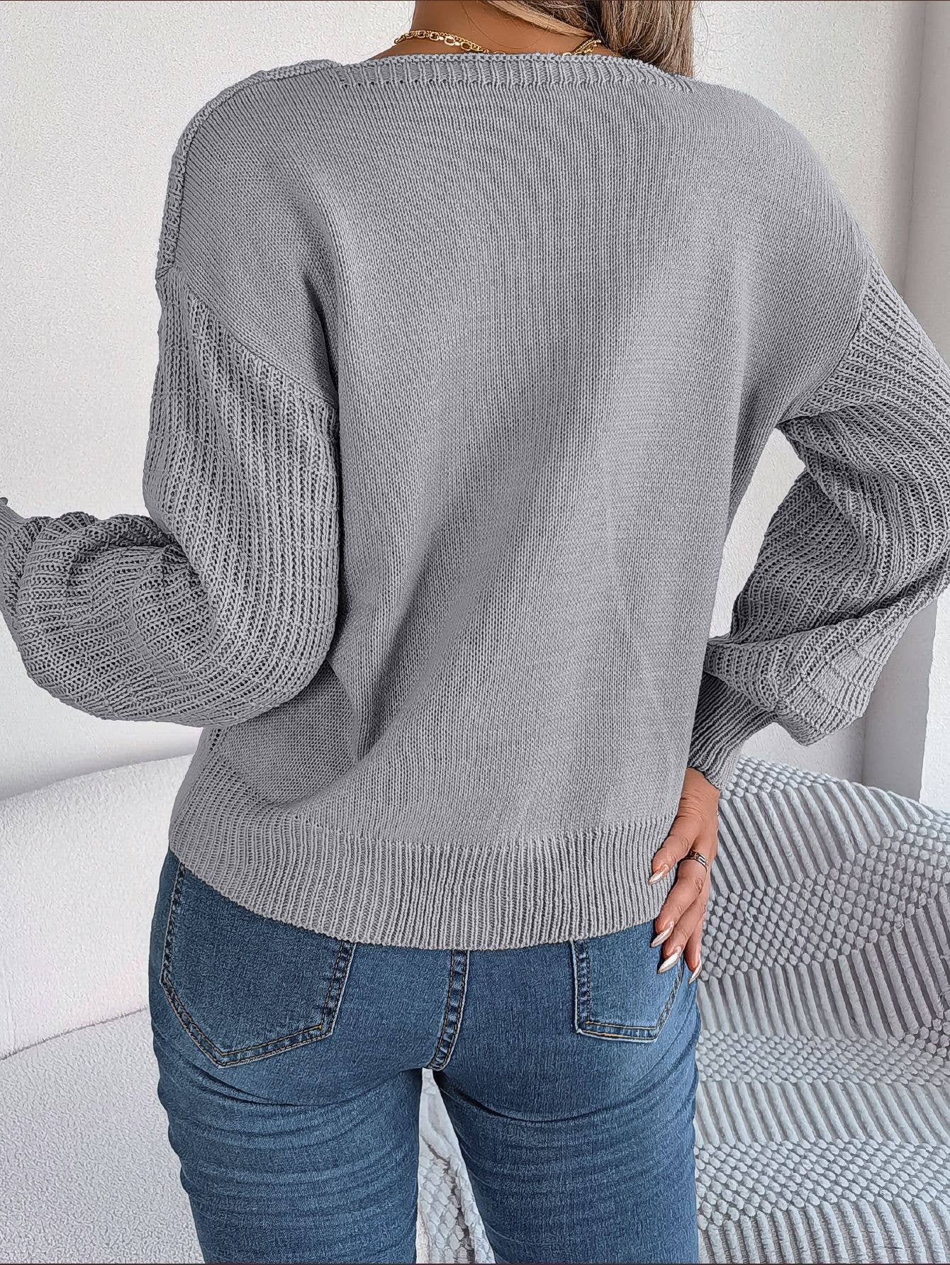 Square Neck Twist Lantern Sleeve Knit Pullover Sweater- Grey