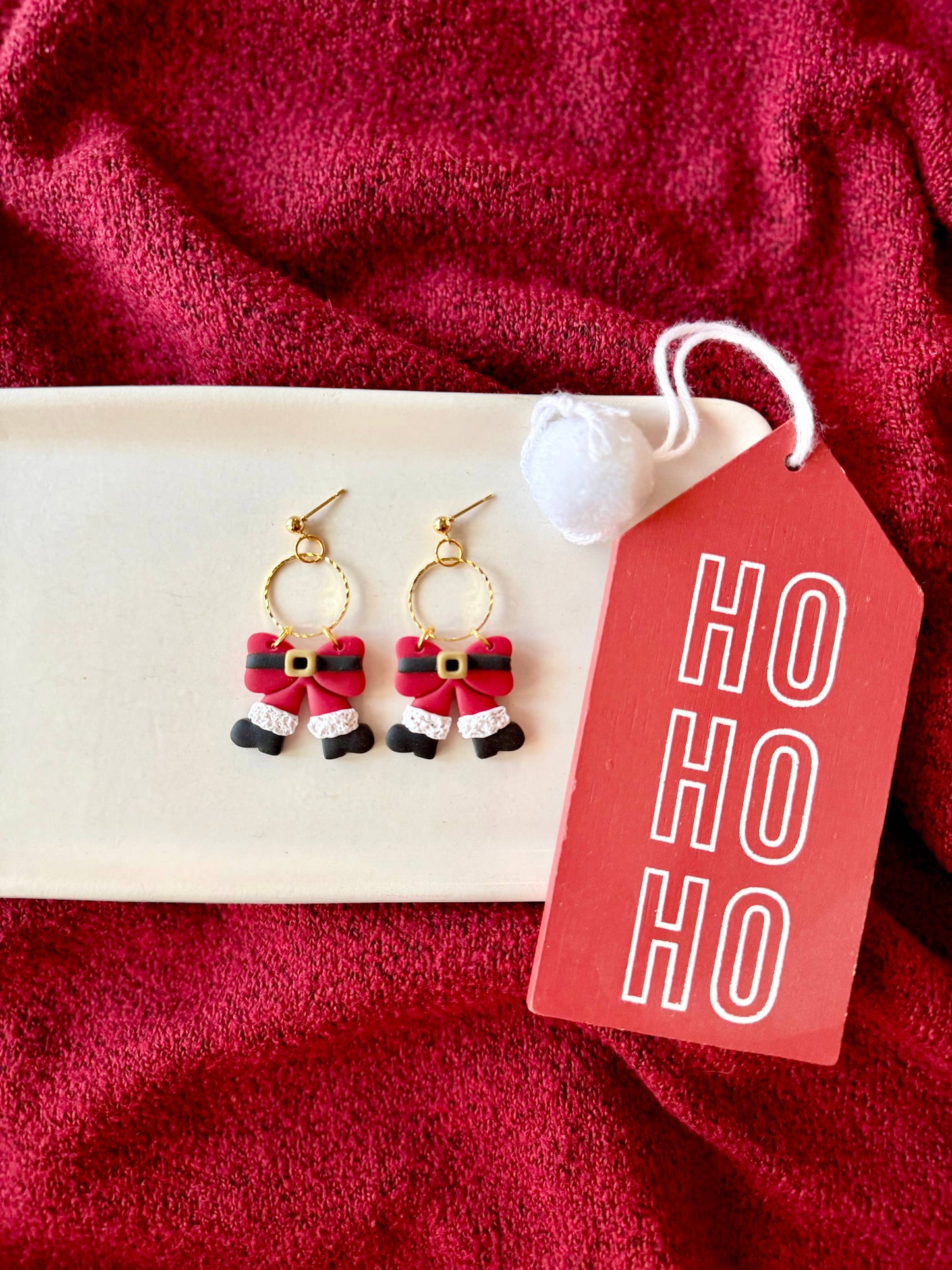 Santa Bow Earrings, Santa Clay Earrings, Santa Claus Earring
