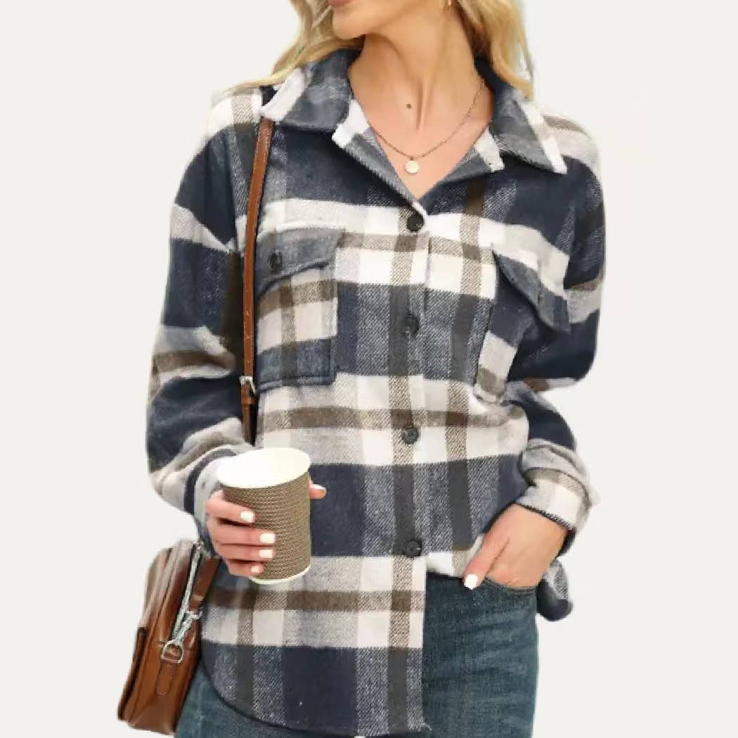 Classic Multi Plaid Collared Button Down Shacket- Navy Multi