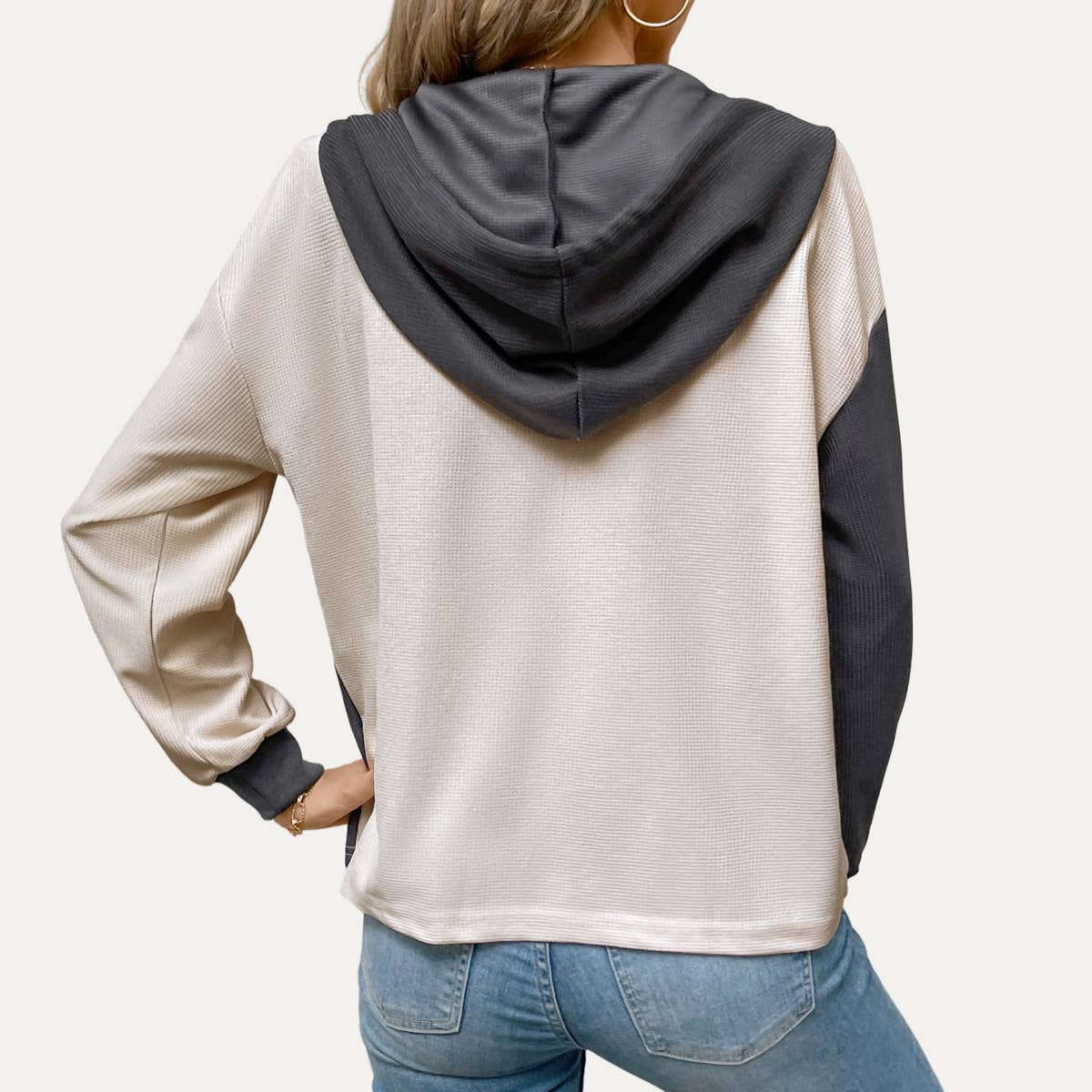 Fashionable Color Block Long Sleeve Hooded Sweatshirt- Apricot Multi