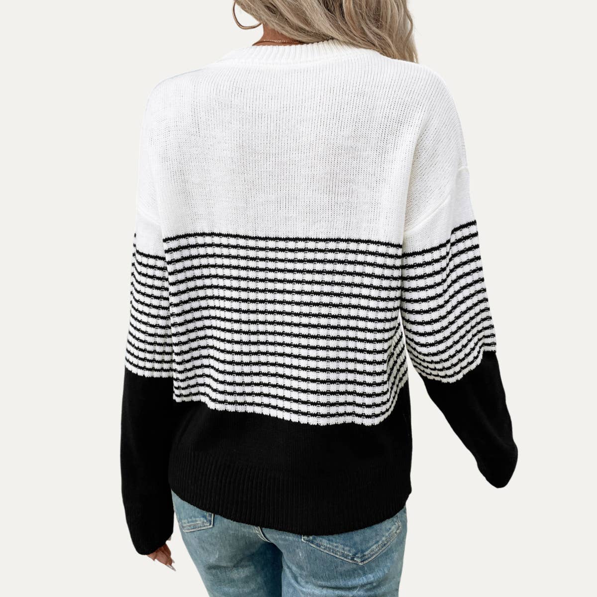 Casual and Basic Black Striped Round Neck Knit Top- Black Multi