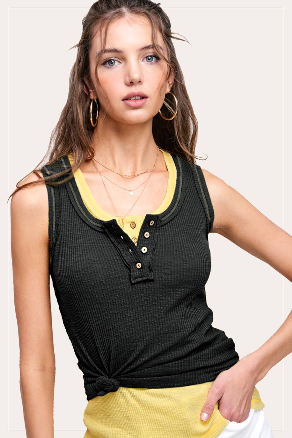 Ribbed Fabric Stitched Detail Henley Tank Top