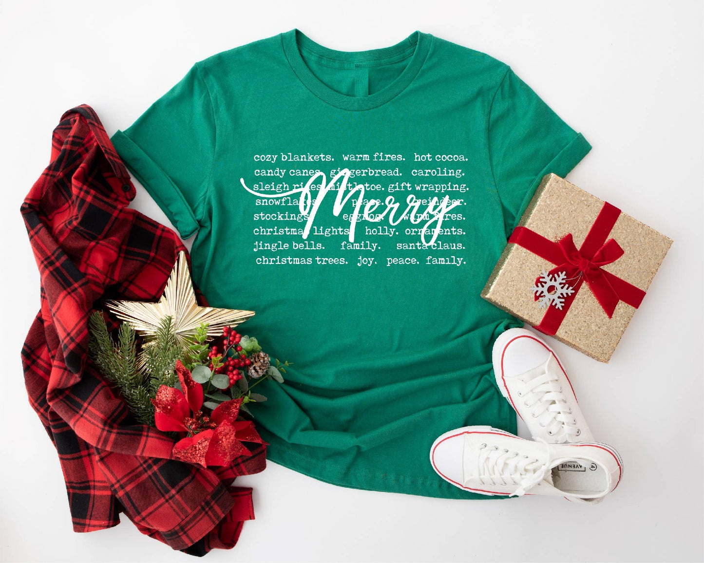 Merry Words Holiday Graphic Tee- Green