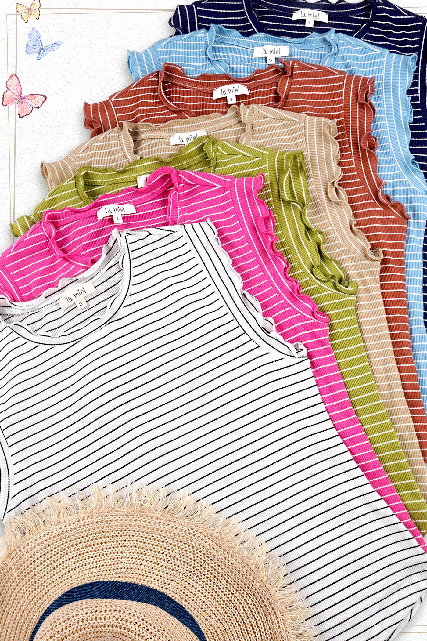 Stretchy Brushed Ruffle Sleeve Stripe Tank Top