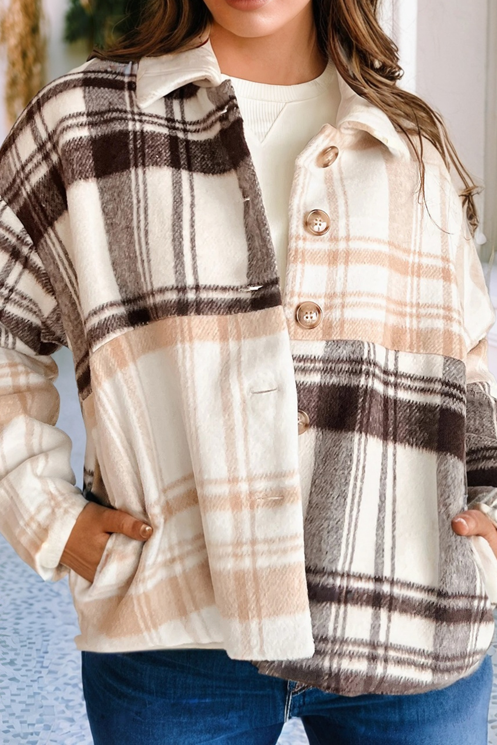 LDC Plaid Patchwork Side Pockets Buttoned Shacket- Multi-Colored