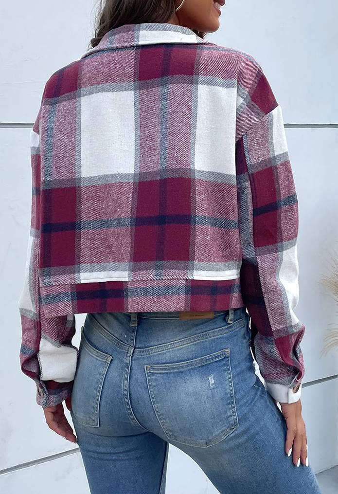 Cropped Plaid Cardigan Vintage Jacket- Burgundy