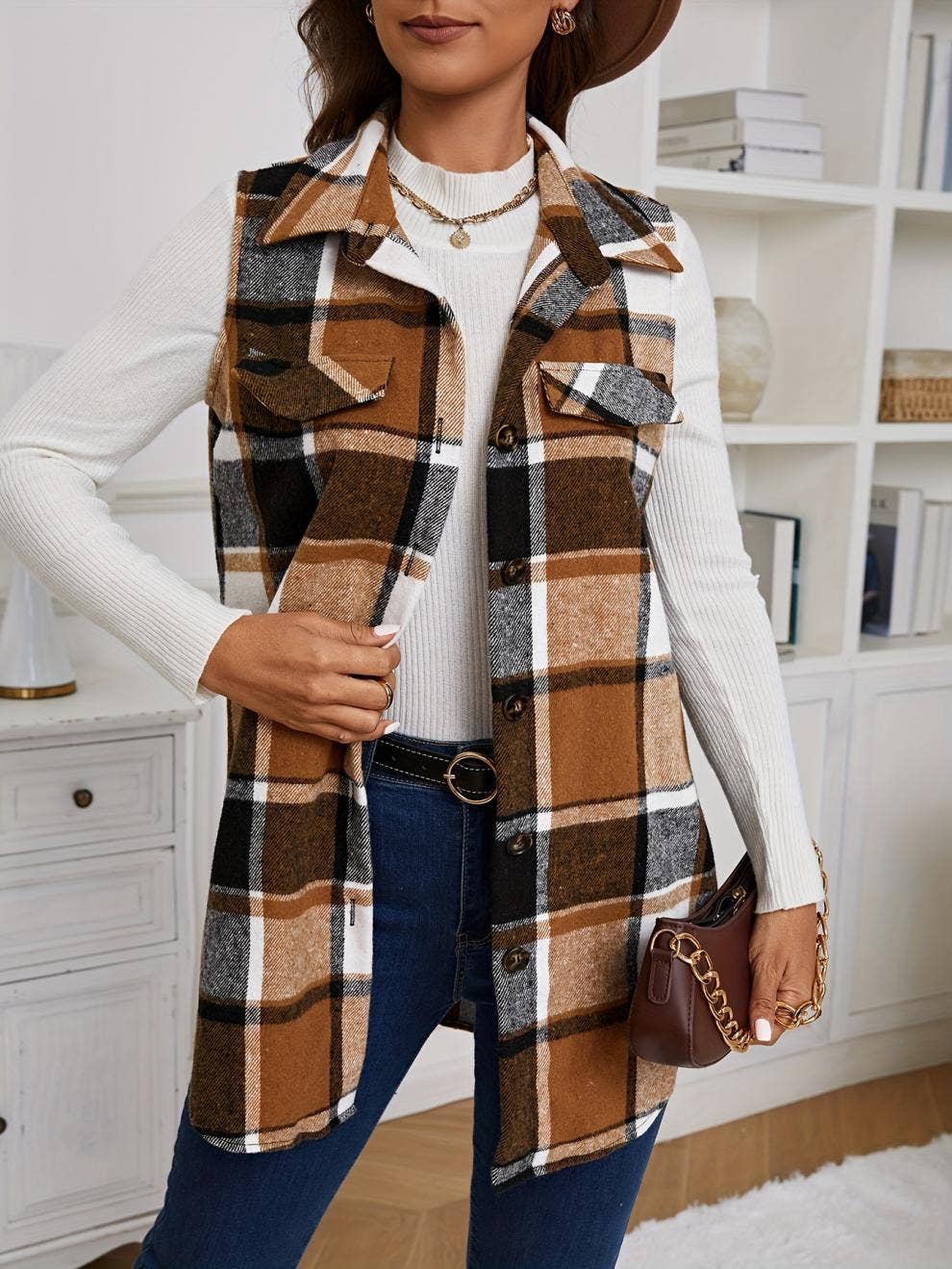 Vintage Casual Checked Sleeveless Midi Vest