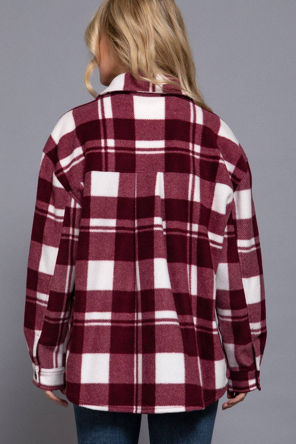 Long Sleeve Check Printed Fleece Shacket- Berry