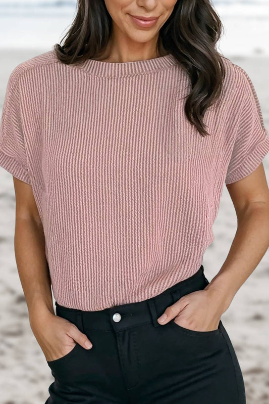 Solid Textured Exposed Seam Casual T-shirt- Pink